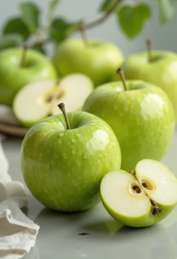 Manzanas Granny Smith verdes frescas y rebanadas sobre tabla de madera