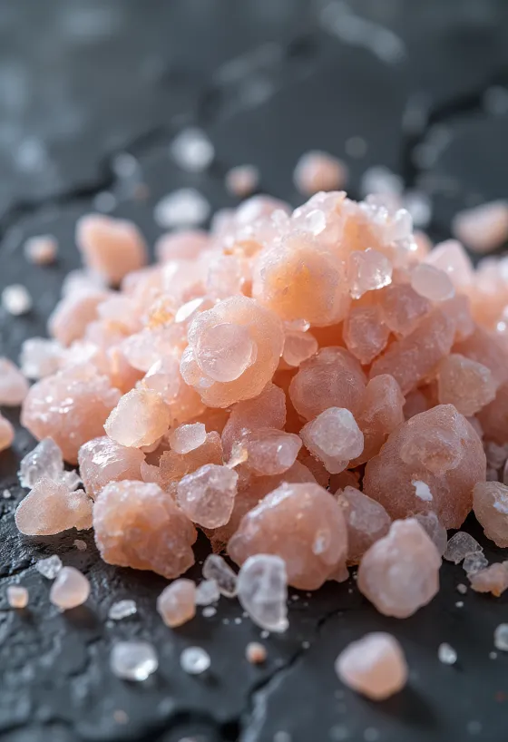 Sal del Himalaya rosa en frasco de vidrio y cristales esparcidos