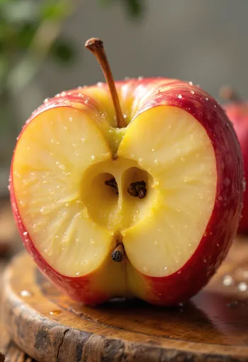 Manzanas Honeycrisp frescas enteras y rebanadas sobre tabla
