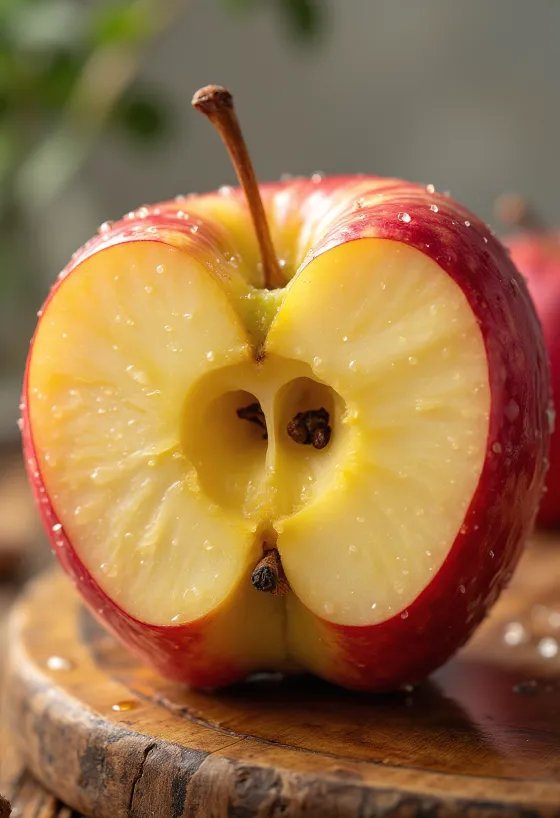Manzanas Honeycrisp frescas enteras y rebanadas sobre tabla