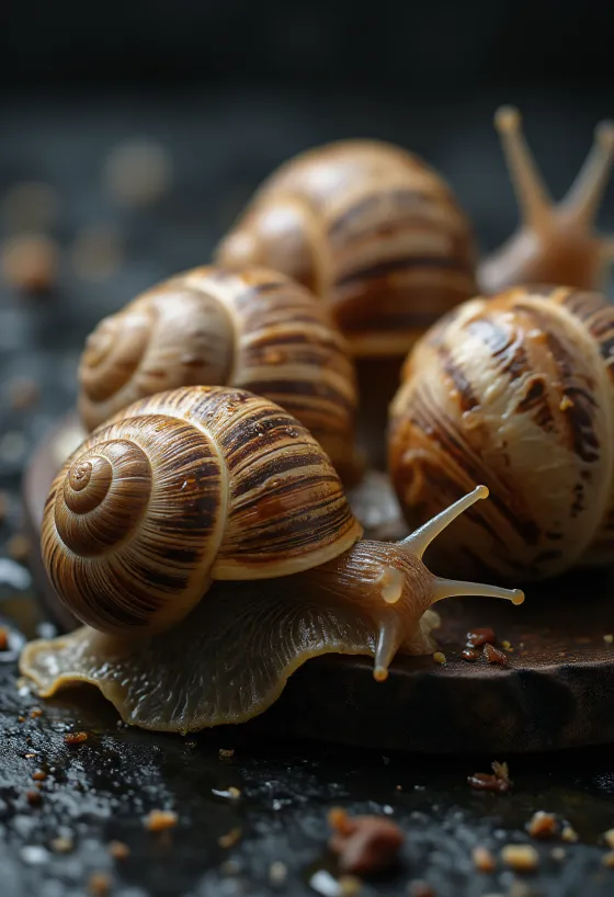 Carne fresca de caracol de jardín servida elegantemente en un plato.