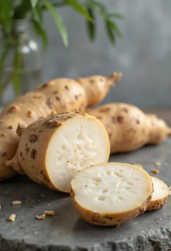 Rebanadas de yuca en tabla de corte, rodeadas de vegetales