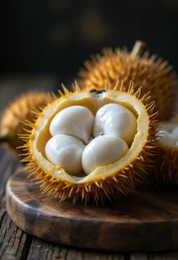 Gajos de fruta Marang fresca sobre una tabla.