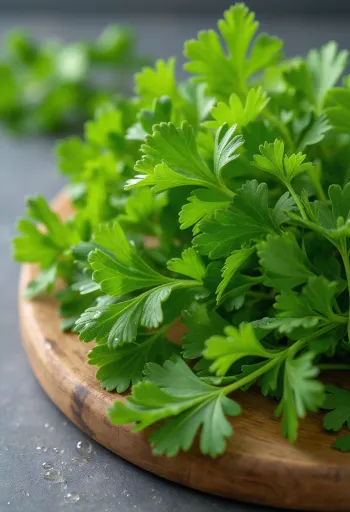 Perejil fresco con hojas verdes sobre tabla de cortar