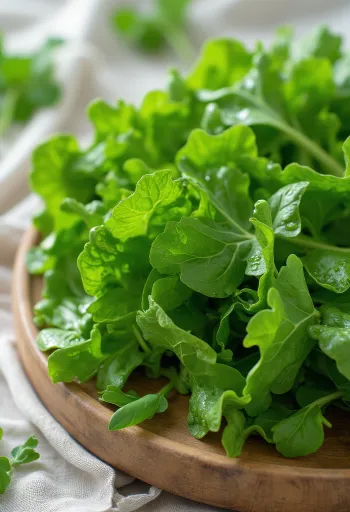 Hojas frescas de mostaza con gotas de agua sobre madera.
