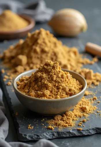 Fruta noni y polvo de noni en frasco pequeño, rodeado de frutas secas