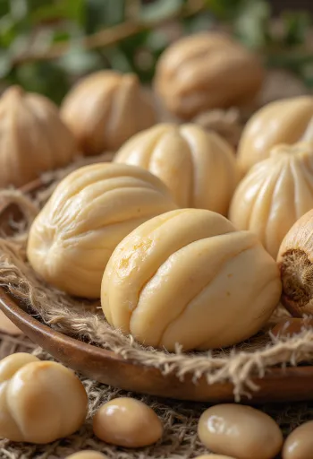 Nueces de pili sobre una barra de cocina de madera