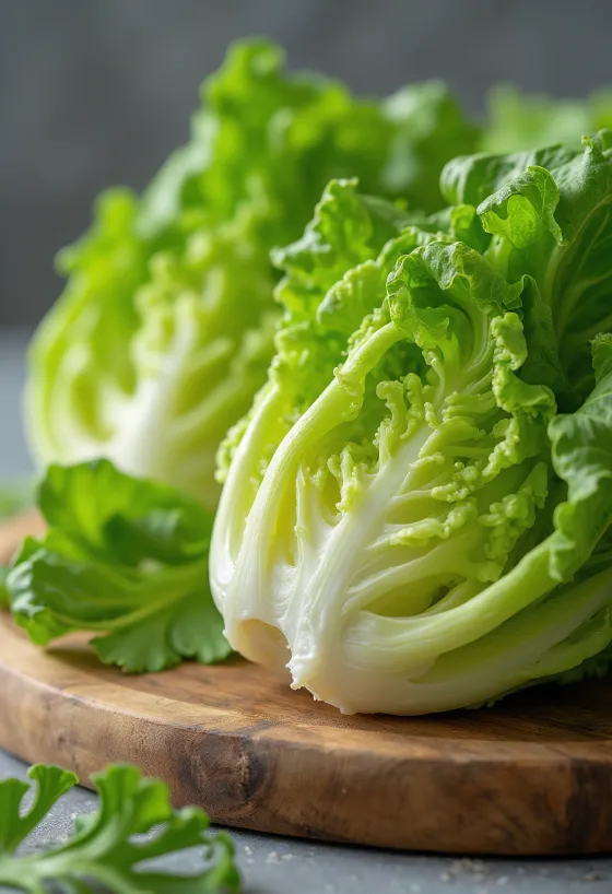 Lechuga romana fresca con hojas largas y crujientes sobre tabla