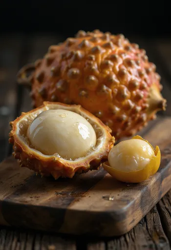 Gajos de fruta salak (piel de serpiente) sobre una tabla de cortar