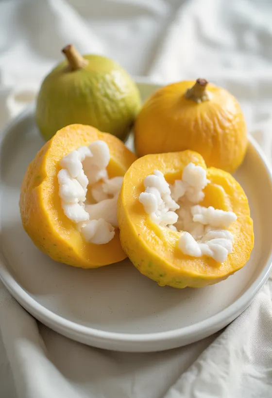 Gajos de fruta santol sobre una tabla de cortar