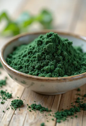 Polvo de espirulina en frasco pequeño, color verde intenso, rodeado de tabletas de espirulina