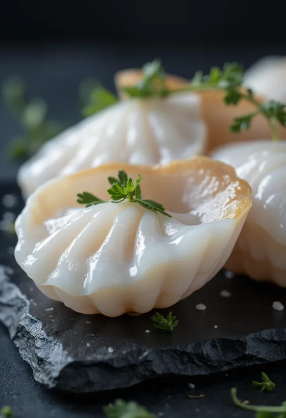 Vieiras de mar frescas y limpias en un plato elegante