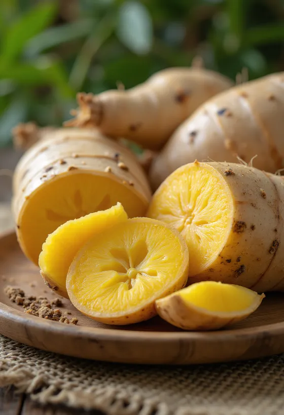 Rebanadas de Arracacha sobre tabla de cortar