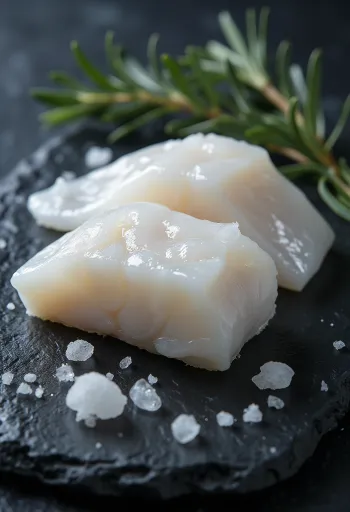 Filete de bacalao del Atlántico crudo sobre tabla de picar