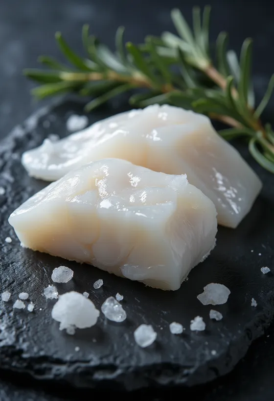 Filete de bacalao del Atlántico crudo sobre tabla de picar