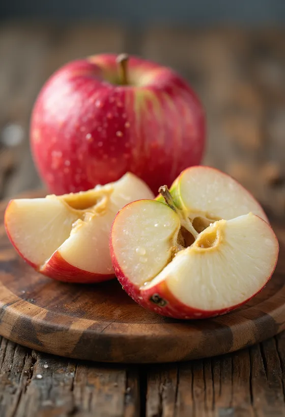 Manzanas Idared frescas enteras y rebanadas sobre tabla
