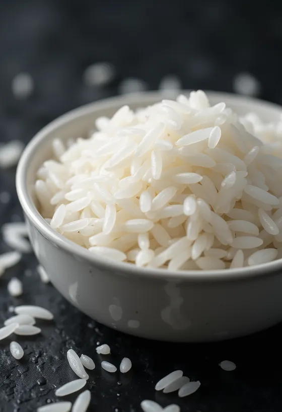 Arroz jazmín recién cocido, blanco y esponjoso