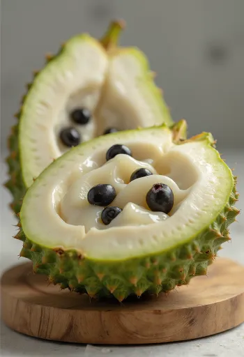 Fruta chirimoya, piel verde y pulpa blanca cremosa