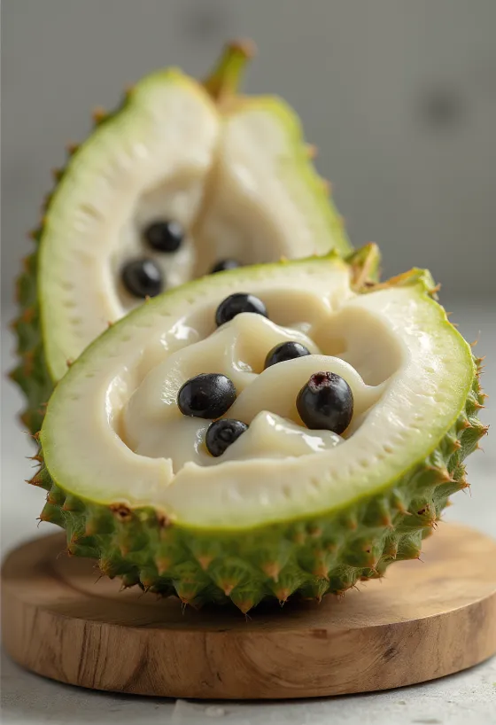 Fruta chirimoya, piel verde y pulpa blanca cremosa