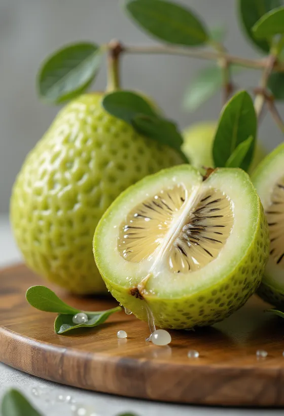 Fruta feijoa, piel verde y pulpa jugosa interior