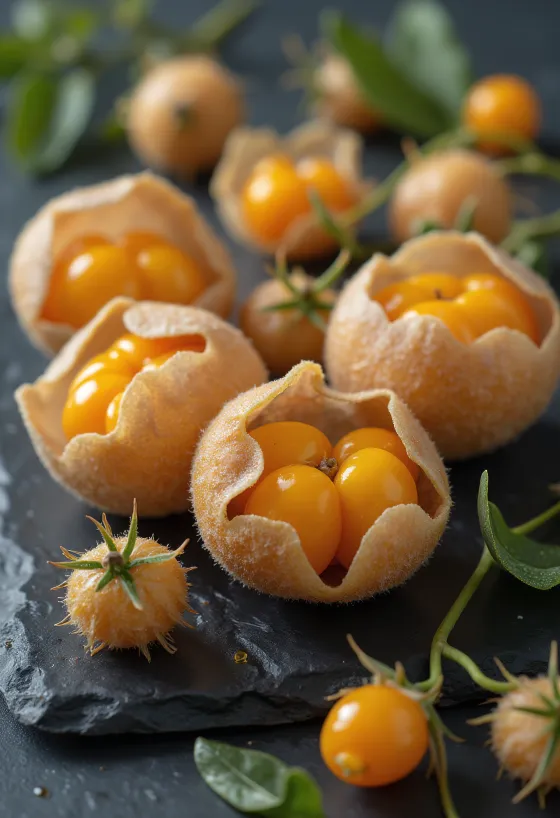 Bayas de Physalis (uvilla) de color naranja brillante con su cáscara tipo papel