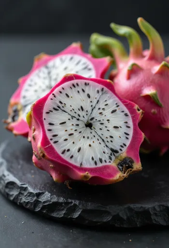 Pitahaya de pulpa blanca con semillas negras y piel rosa brillante