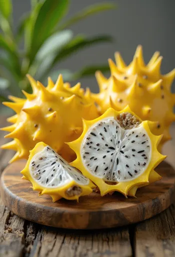 Pitahaya amarilla de piel brillante y pulpa blanca con semillas