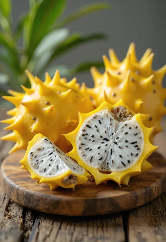 Pitahaya amarilla de piel brillante y pulpa blanca con semillas
