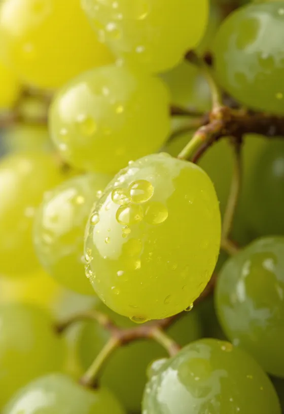 Racimo de uvas Irsai Oliver, bayas amarillo-verdosas y jugosas