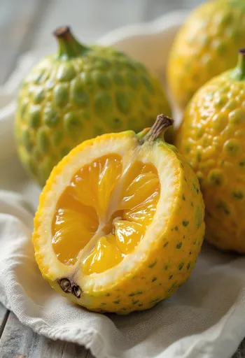 Fruta Ugli, piel amarillo-verdosa y pulpa naranja brillante