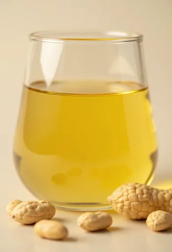 Aceite de cacahuate en botella pequeña y tazón sobre fondo claro