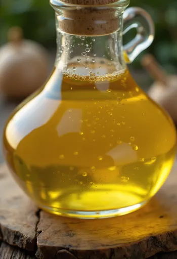 Aceite de mostaza en botella pequeña, con semillas de mostaza amarillas y marrones