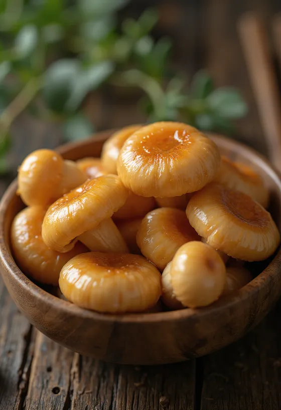 Hongos nameko limpios y preparados sobre tabla de madera