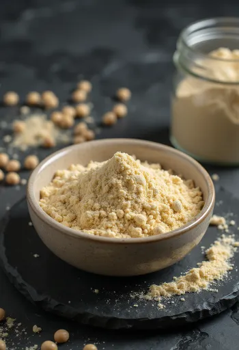 Polvo de proteína de chícharo beige con chícharos amarillos secos