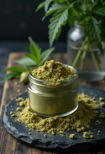 Proteína de cáñamo cruda en tazón, con semillas de cáñamo al lado