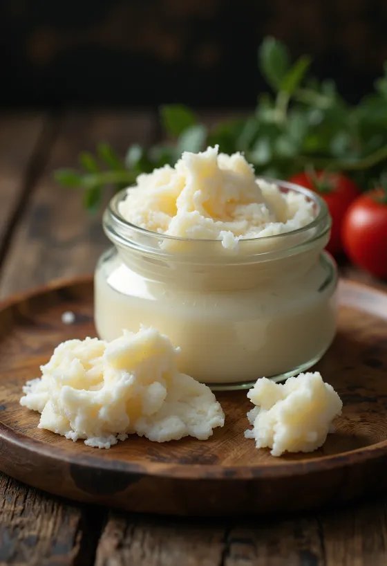 Grasa de ganso cruda en tazón, tejido graso blanco limpio