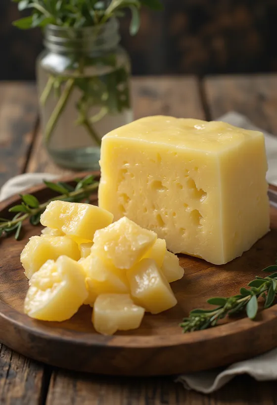 Sebo de res crudo en un tazón pequeño, rodeado de trozos de tejido graso limpio