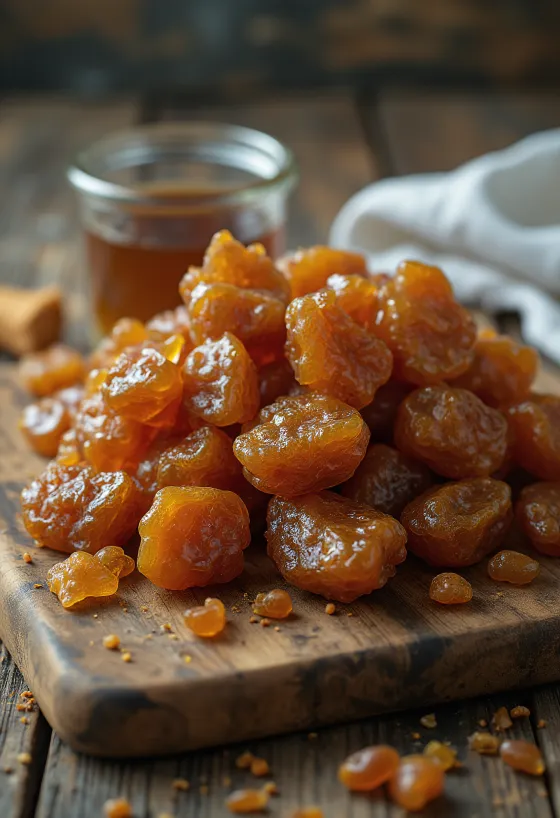 Trozos de propóleo crudo sobre superficie de madera en estado natural