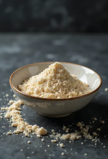 Proteína de arroz cruda en polvo beige en tazón junto a arroz integral