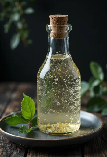 Savia de abedul en botella y vaso, con corteza de abedul y ramas