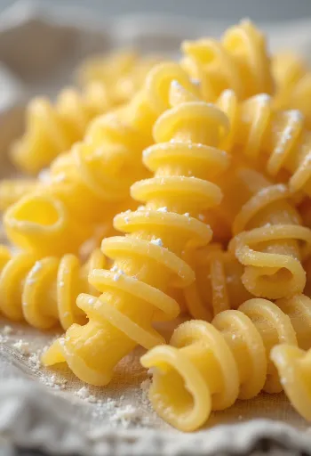 Pasta fusilli seca esparcida en espiral sobre superficie de madera