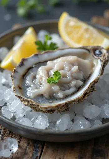 Carne fresca de ostra cruda sobre hielo servida con limón y hierbas