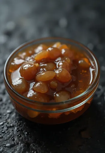 Salsa de ostión en tazón de cerámica, junto a carne de ostión cocida, salsa de soya y azúcar