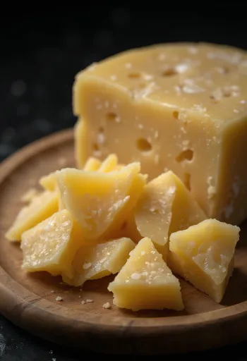 Queso parmesano rebanado y rallado sobre tabla de madera