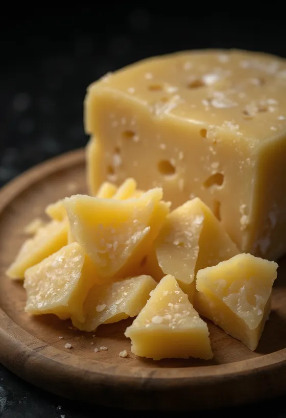 Queso parmesano rebanado y rallado sobre tabla de madera