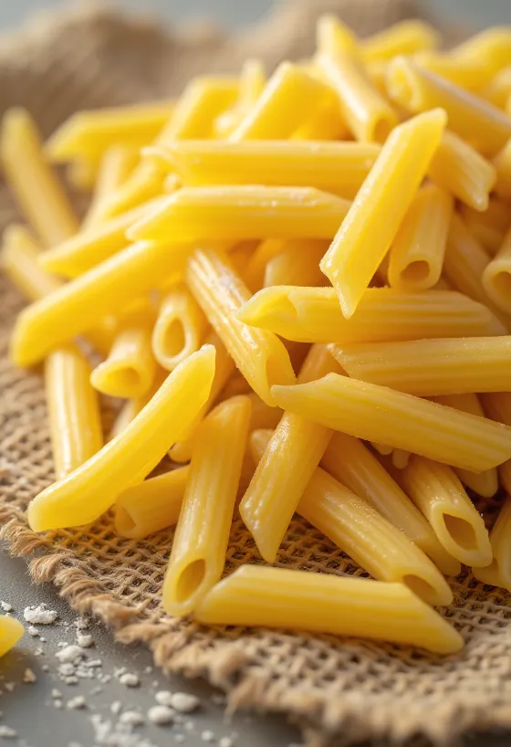 Pasta penne seca con superficie estriada sobre fondo de madera