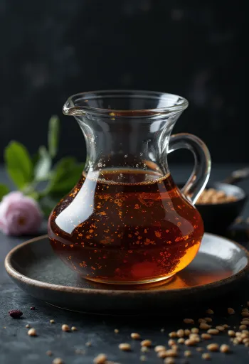 Aceite de ajonjolí tostado en botella oscura junto a un tazón con semillas