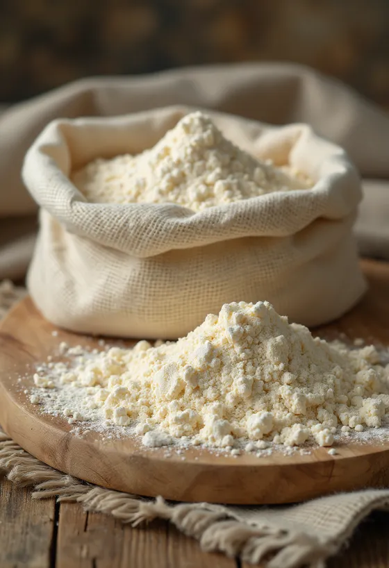 Harina de plátano macho en tazón con cuchara y plátano verde al lado