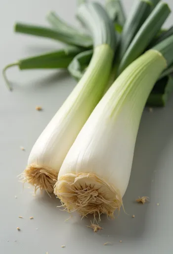 Poros frescos rebanados y enteros sobre mesa de madera