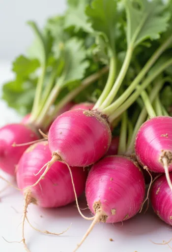 Rábanos rojos frescos con hoja verde, en tabla de cortar, también rebanados